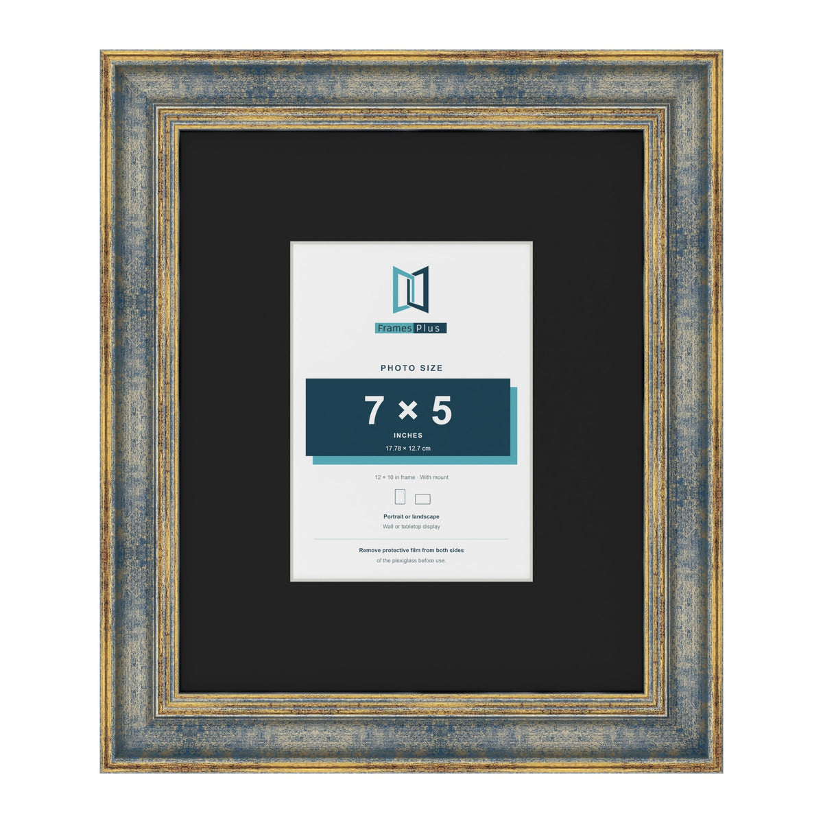 Cassis Blue 12 x 10 inch picture frame with a black mount for a 7 x 5 inch photo
