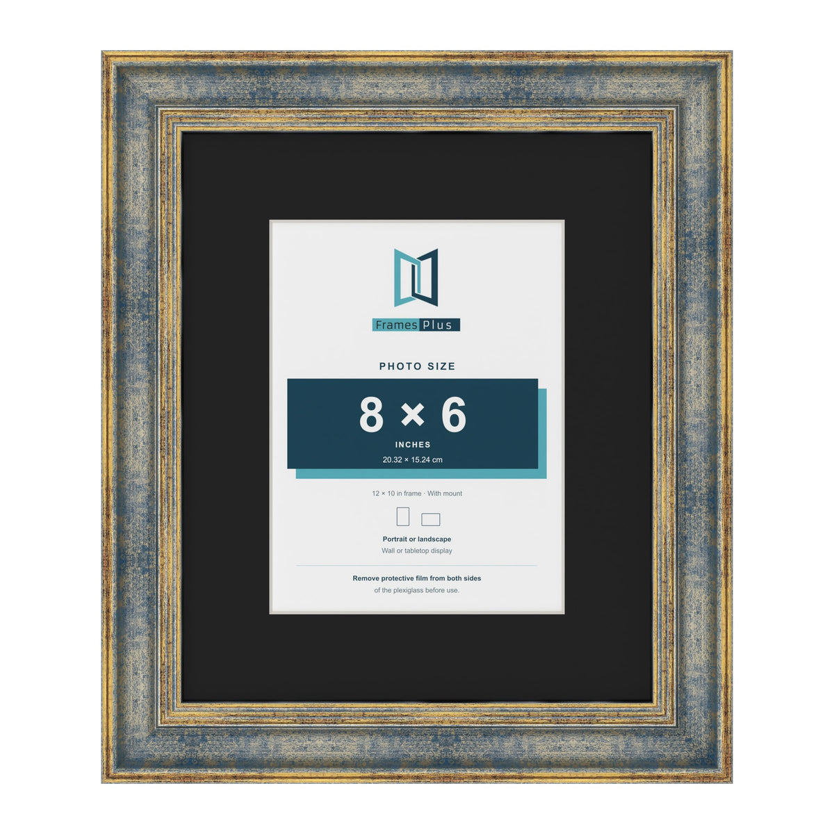 Cassis Blue 12 x 10 inch picture frame with a black mount for an 8 x 6 inch photo