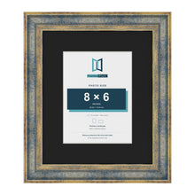 Cassis Blue 12 x 10 inch picture frame with a black mount for an 8 x 6 inch photo