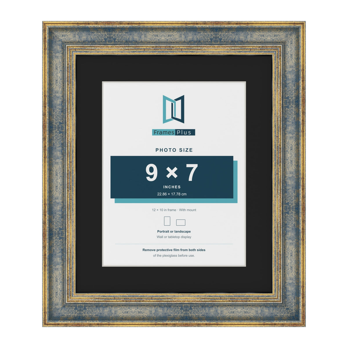 Cassis Blue 12 x 10 inch picture frame with a black mount for a 9 x 7 inch photo