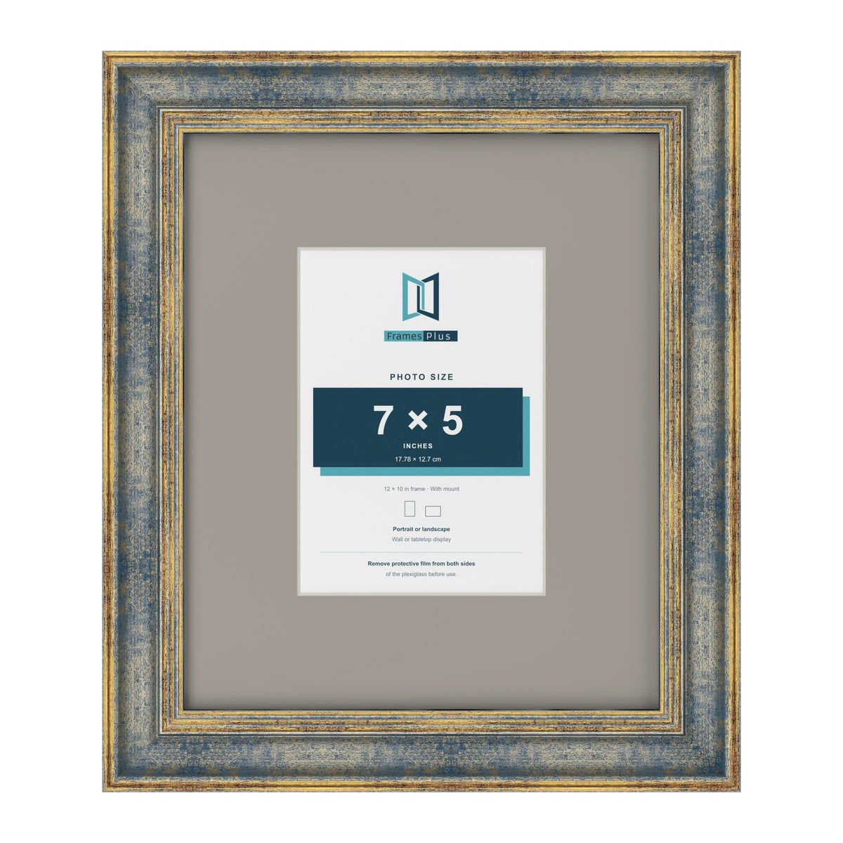 Cassis Blue 12 x 10 inch picture frame with a dawn grey mount for a 7 x 5 inch photo