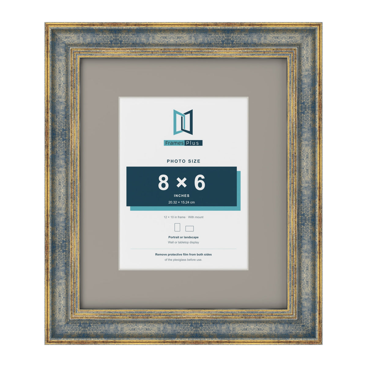 Cassis Blue 12 x 10 inch picture frame with a dawn grey mount for an 8 x 6 inch photo