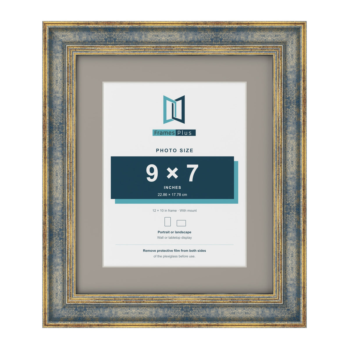 Cassis Blue 12 x 10 inch picture frame with a dawn grey mount for a 9 x 7 inch photo