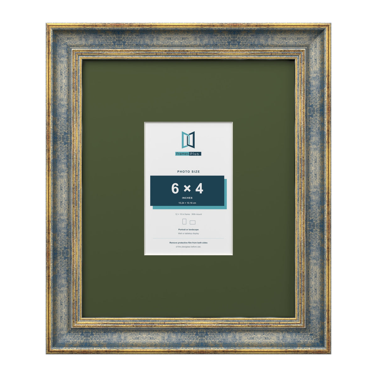 Cassis Blue 12 x 10 inch picture frame with a green mount for a 6 x 4 inch photo