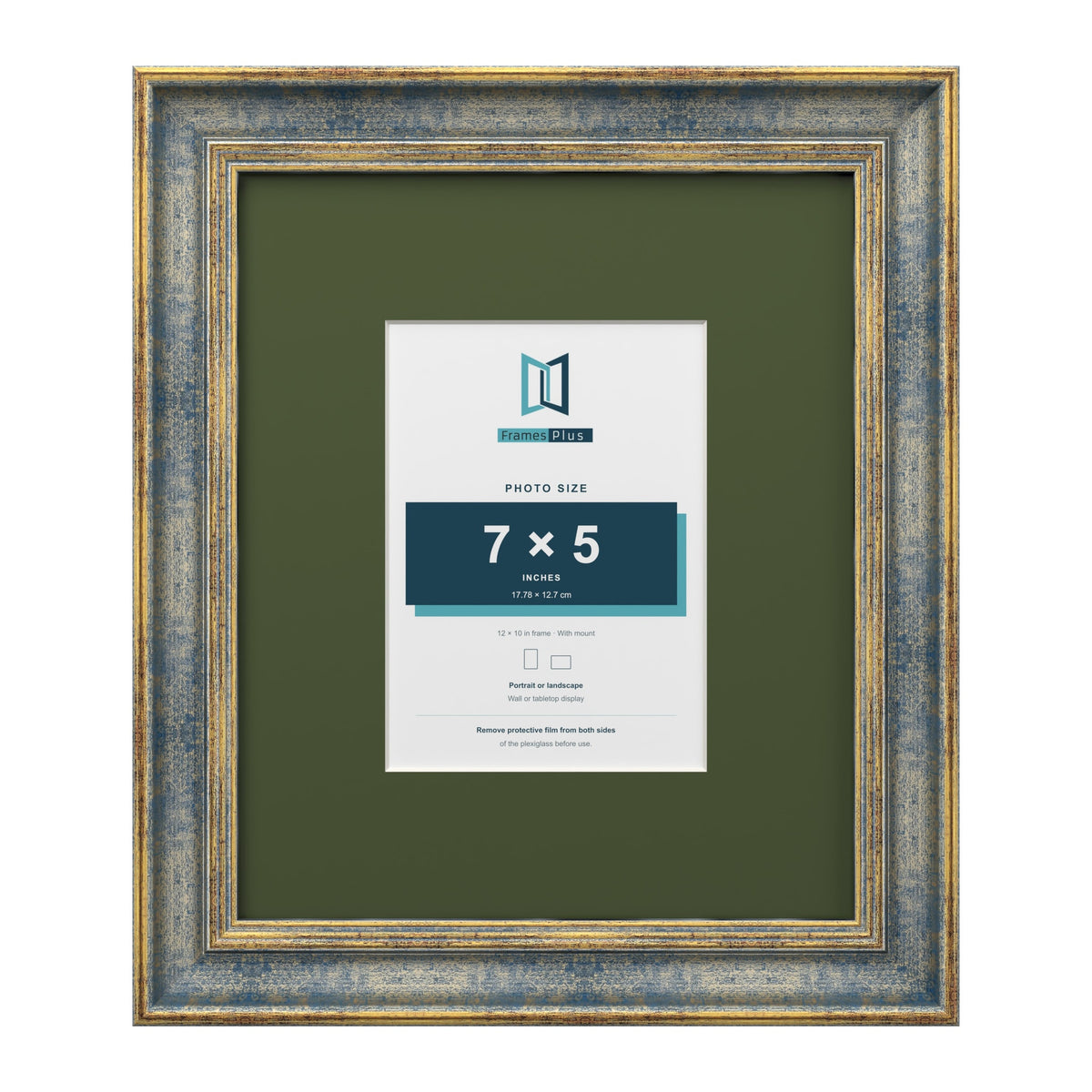 Cassis Blue 12 x 10 inch picture frame with a green mount for a 7 x 5 inch photo