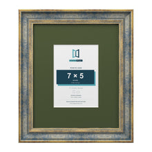 Cassis Blue 12 x 10 inch picture frame with a green mount for a 7 x 5 inch photo