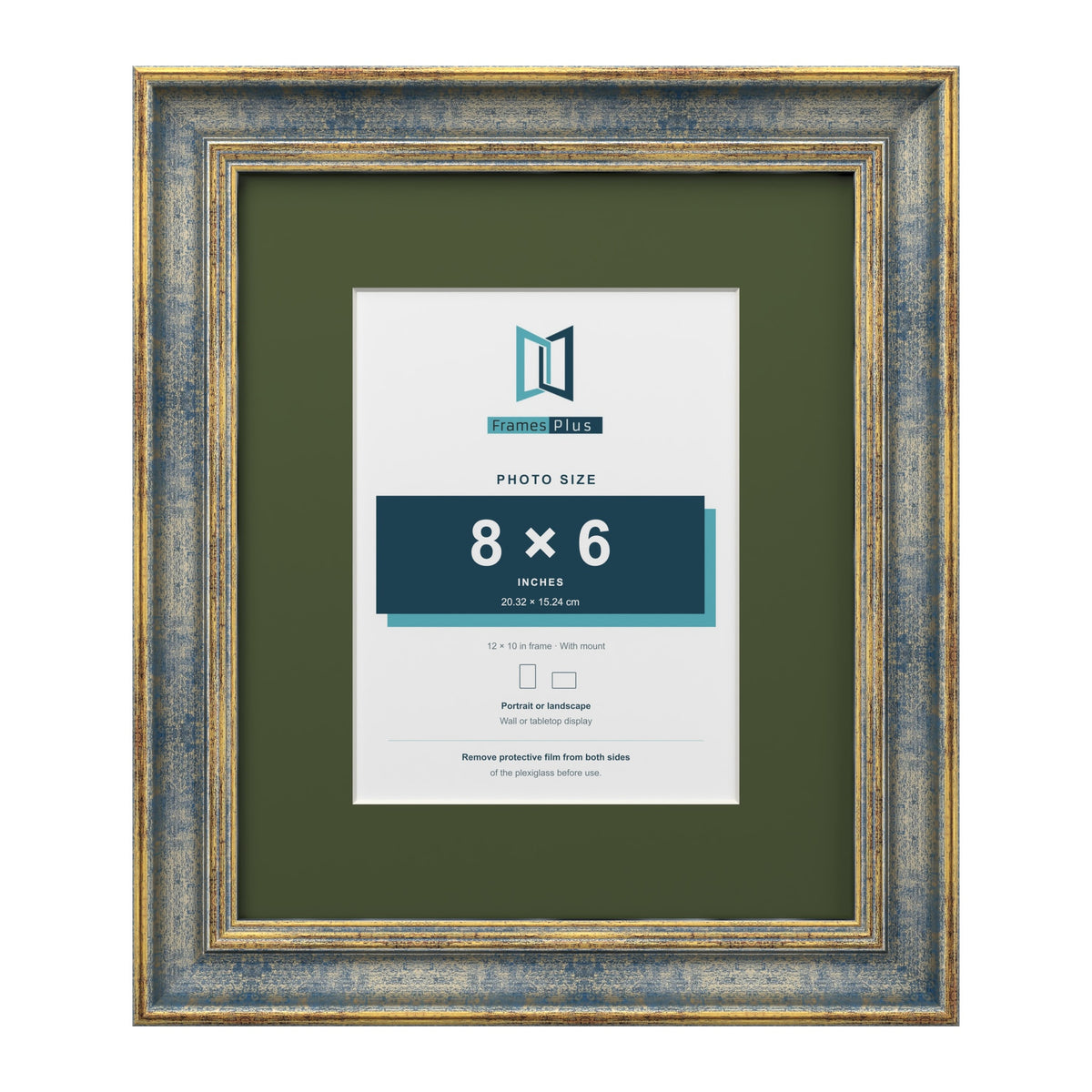Cassis Blue 12 x 10 inch picture frame with a green mount for an 8 x 6 inch photo