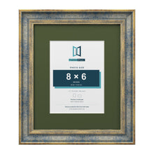 Cassis Blue 12 x 10 inch picture frame with a green mount for an 8 x 6 inch photo