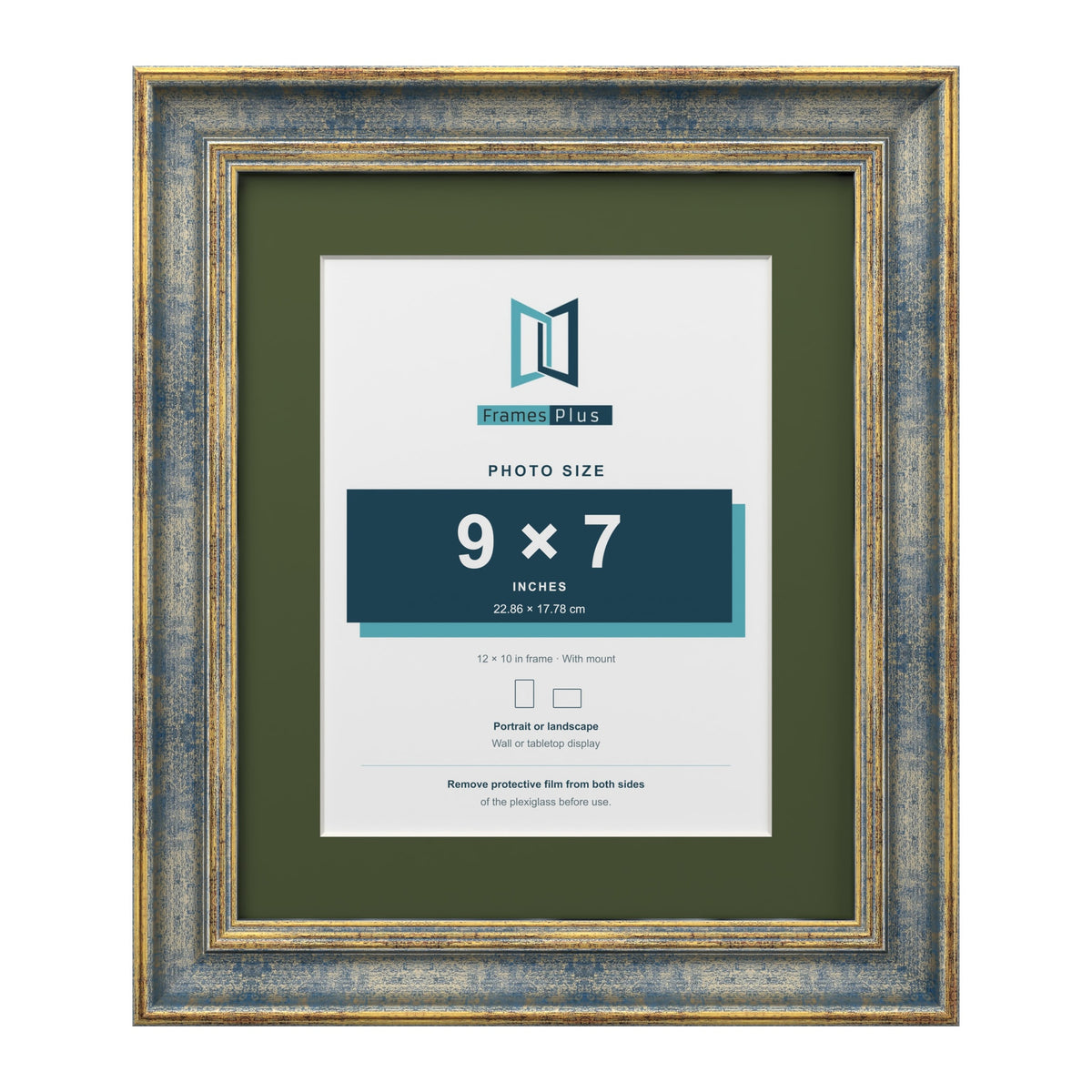 Cassis Blue 12 x 10 inch picture frame with a green mount for a 9 x 7 inch photo
