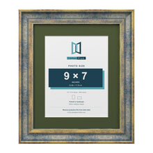 Cassis Blue 12 x 10 inch picture frame with a green mount for a 9 x 7 inch photo