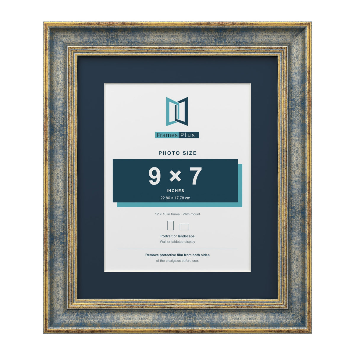 Cassis Blue 12 x 10 inch picture frame with a pacific blue mount for a 9 x 7 inch photo