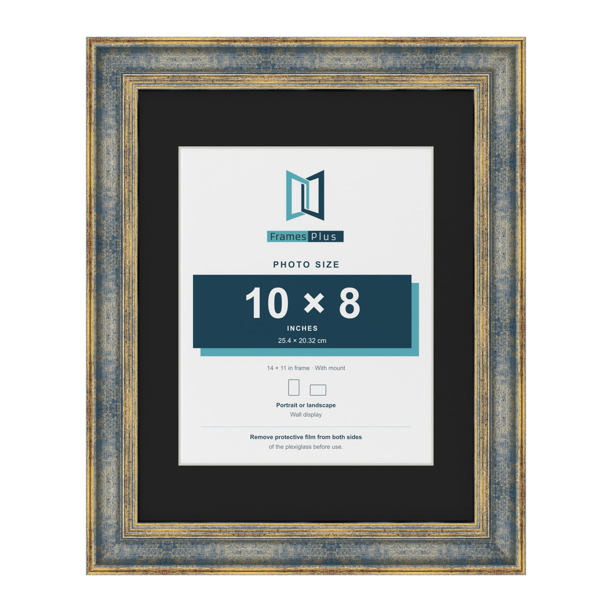 Cassis Blue 14 x 11 inch picture frame with a black mount for a 10 x 8 inch photo