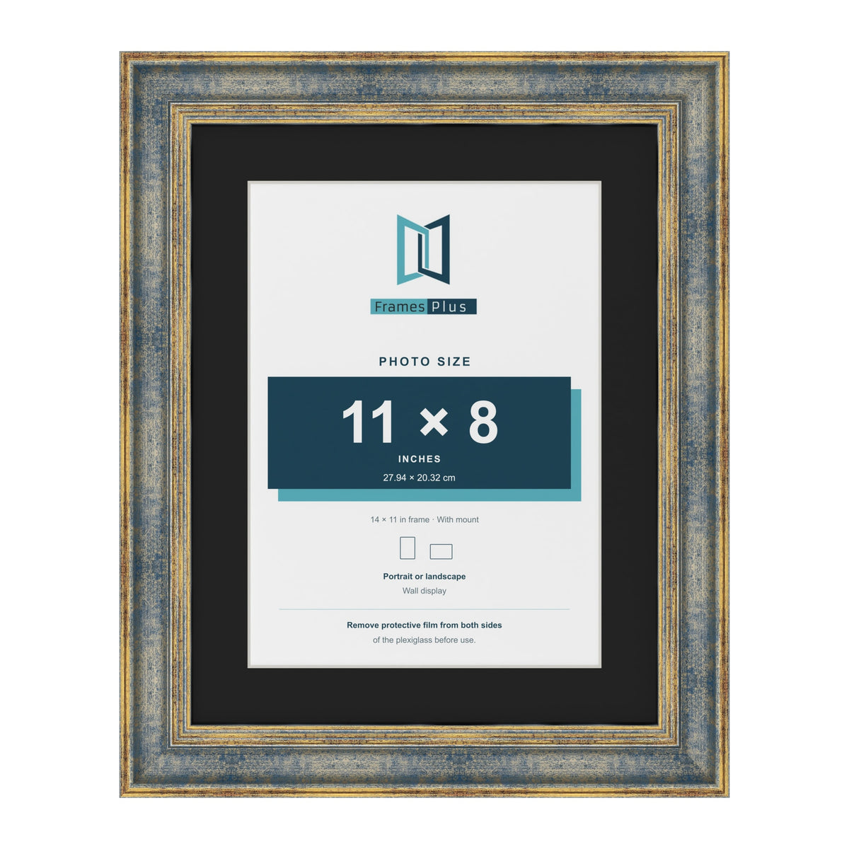 Cassis Blue 14 x 11 inch picture frame with a black mount for an 11 x 8 inch photo