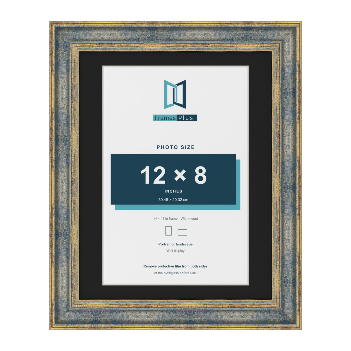 Cassis Blue 14 x 11 inch picture frame with a black mount for a 12 x 8 inch photo