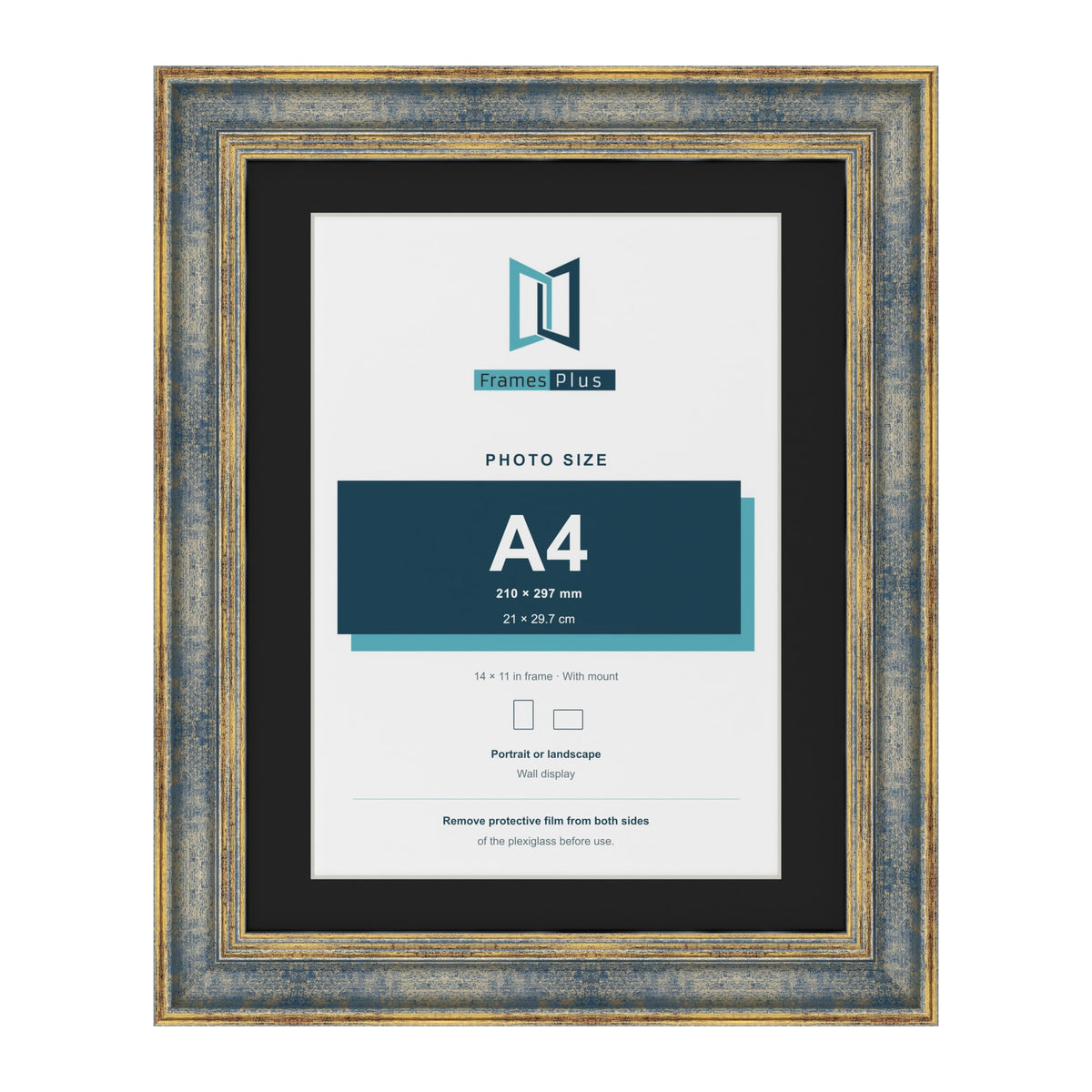 Cassis Blue 14 x 11 inch picture frame with a black mount for an A4 photo