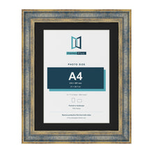 Cassis Blue 14 x 11 inch picture frame with a black mount for an A4 photo
