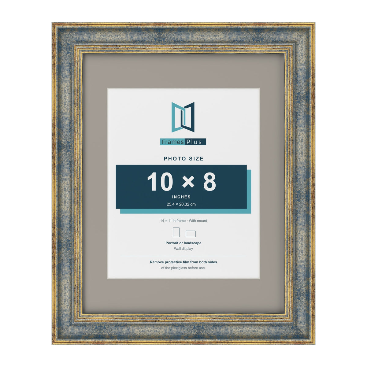 Cassis Blue 14 x 11 inch picture frame with a dawn grey mount for a 10 x 8 inch photo