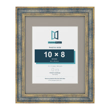 Cassis Blue 14 x 11 inch picture frame with a dawn grey mount for a 10 x 8 inch photo