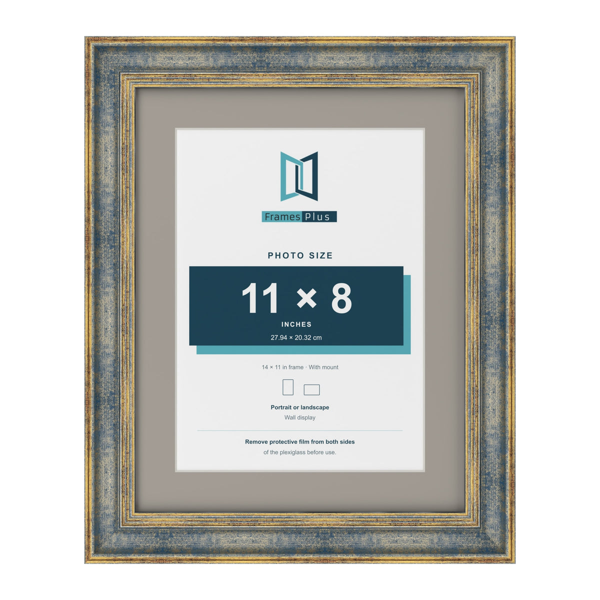 Cassis Blue 14 x 11 inch picture frame with a dawn grey mount for an 11 x 8 inch photo