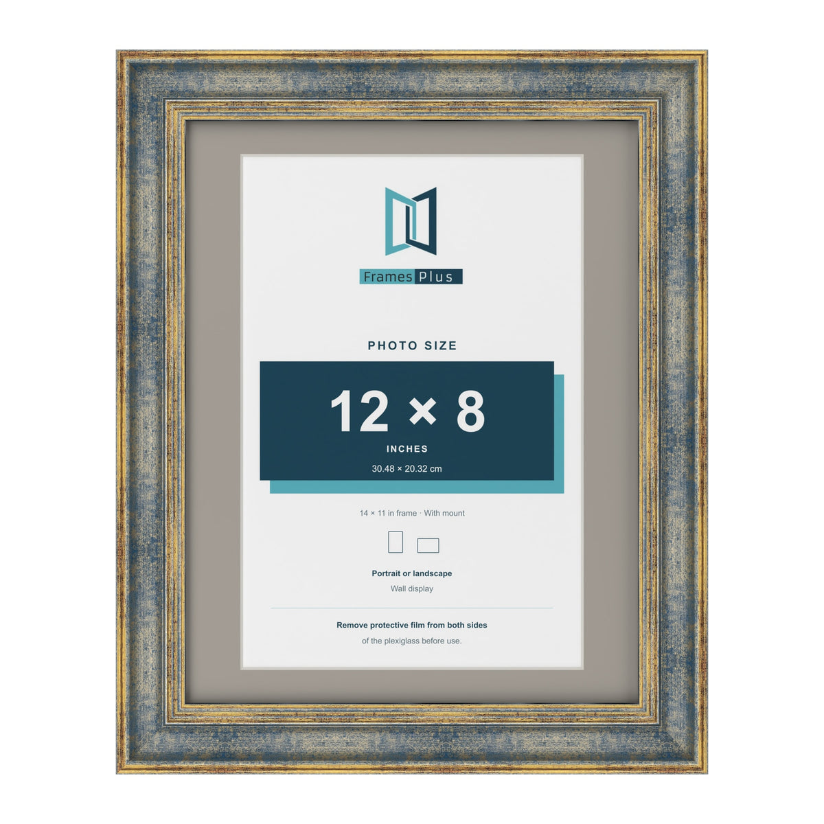 Cassis Blue 14 x 11 inch picture frame with a dawn grey mount for a 12 x 8 inch photo