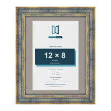 Cassis Blue 14 x 11 inch picture frame with a dawn grey mount for a 12 x 8 inch photo