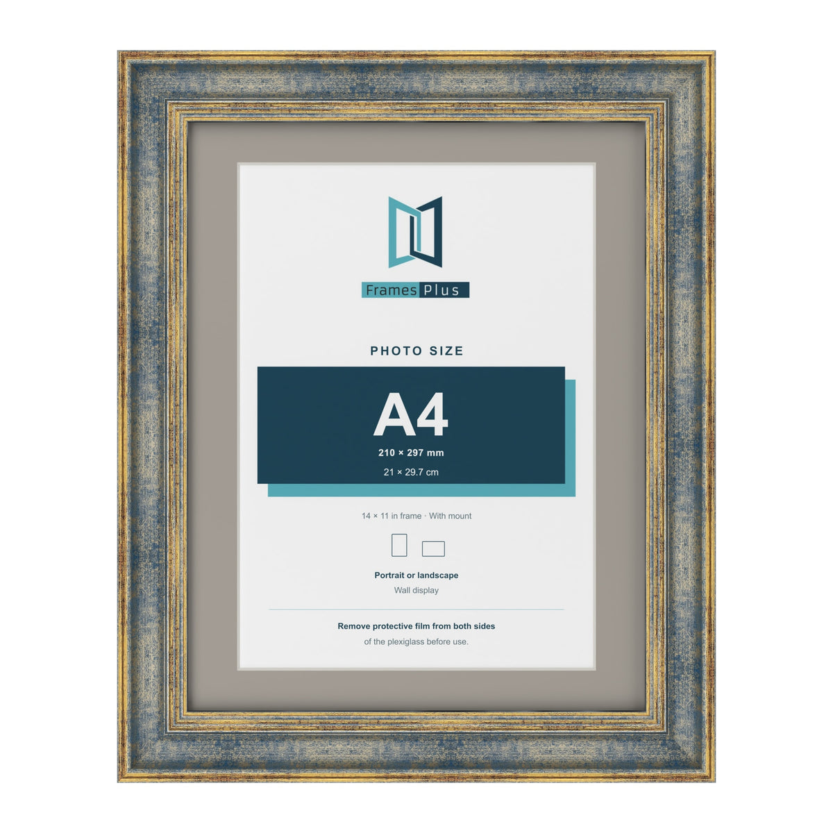 Cassis Blue 14 x 11 inch picture frame with a dawn grey mount for an A4 photo