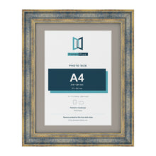 Cassis Blue 14 x 11 inch picture frame with a dawn grey mount for an A4 photo