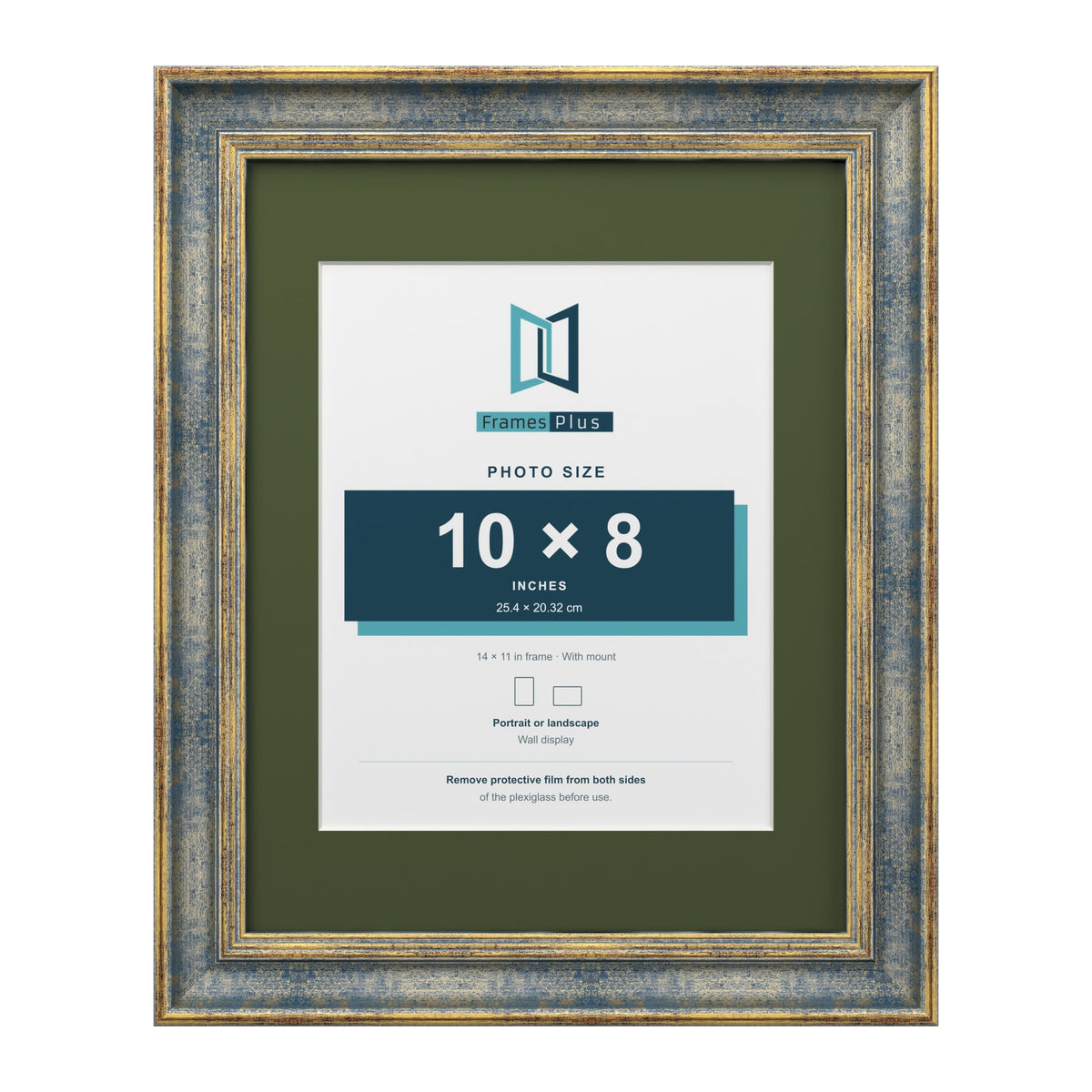 Cassis Blue 14 x 11 inch picture frame with a green mount for a 10 x 8 inch photo