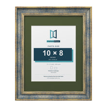 Cassis Blue 14 x 11 inch picture frame with a green mount for a 10 x 8 inch photo