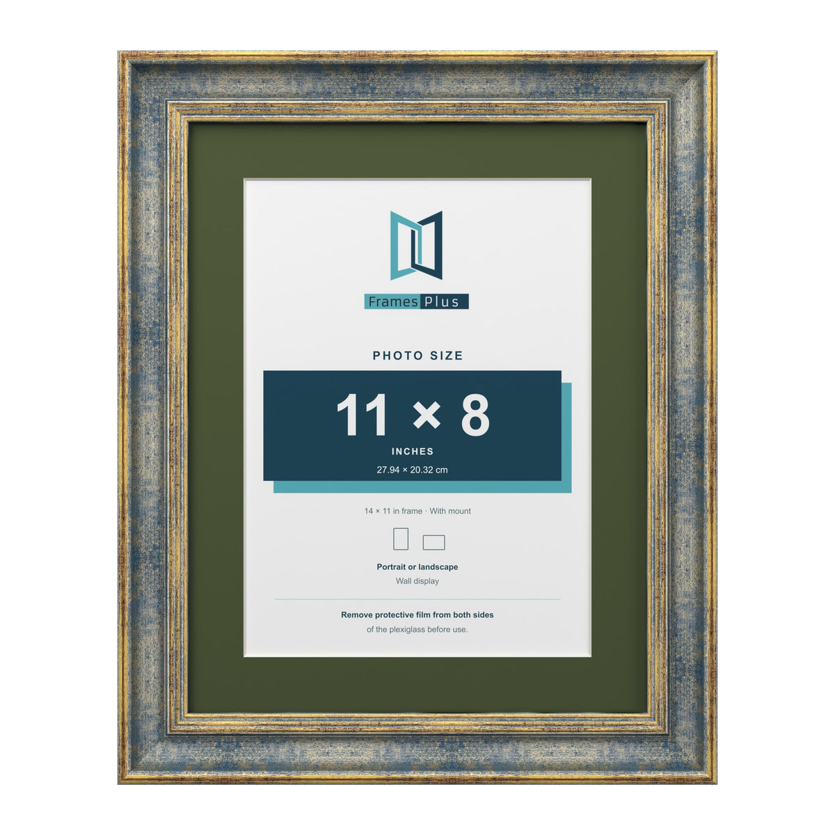 Cassis Blue 14 x 11 inch picture frame with a green mount for an 11 x 8 inch photo