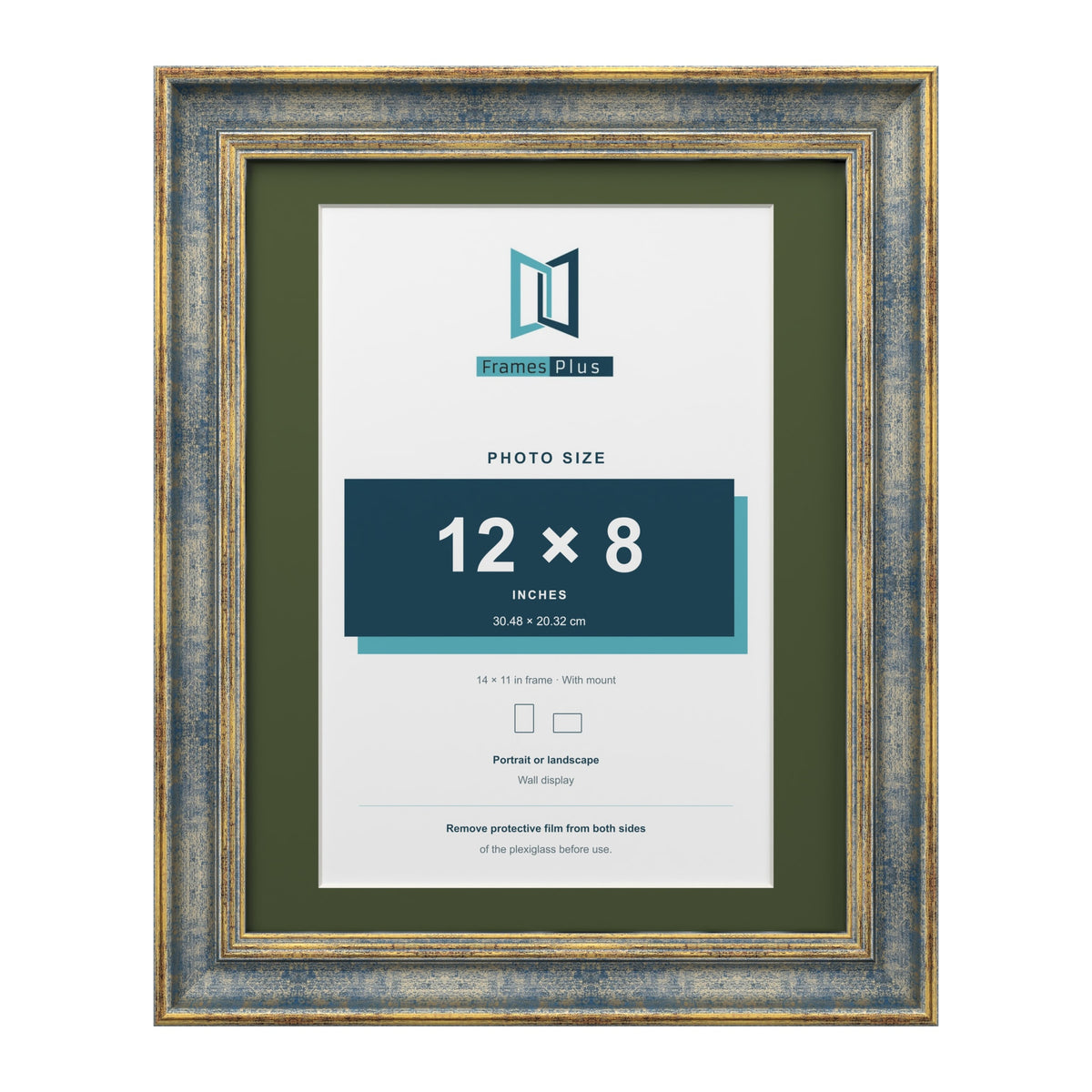 Cassis Blue 14 x 11 inch picture frame with a green mount for a 12 x 8 inch photo