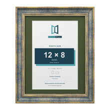 Cassis Blue 14 x 11 inch picture frame with a green mount for a 12 x 8 inch photo