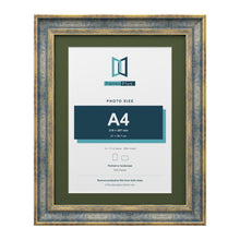 Cassis Blue 14 x 11 inch picture frame with a green mount for an A4 photo