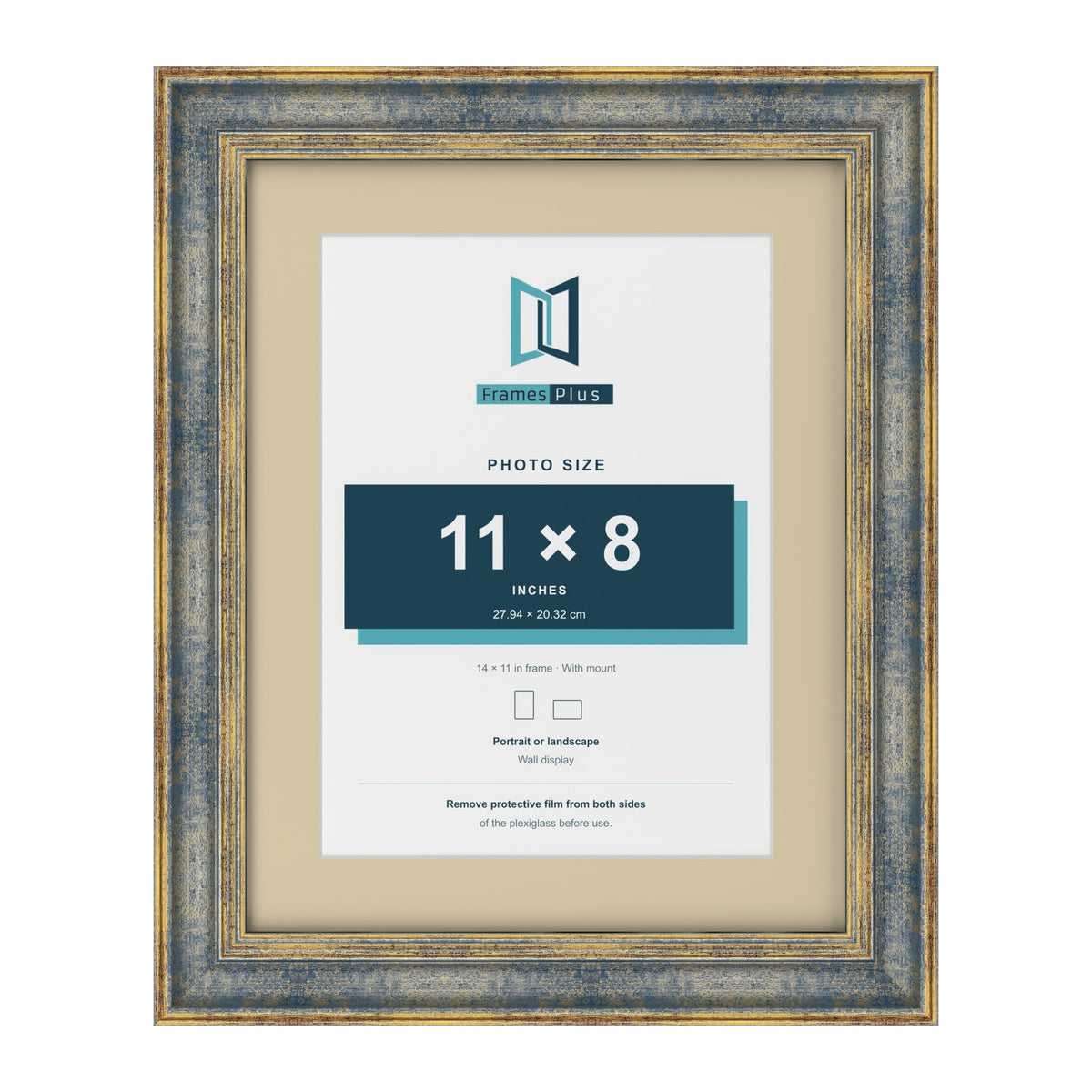 Cassis Blue 14 x 11 inch picture frame with an ivory mount for an 11 x 8 inch photo