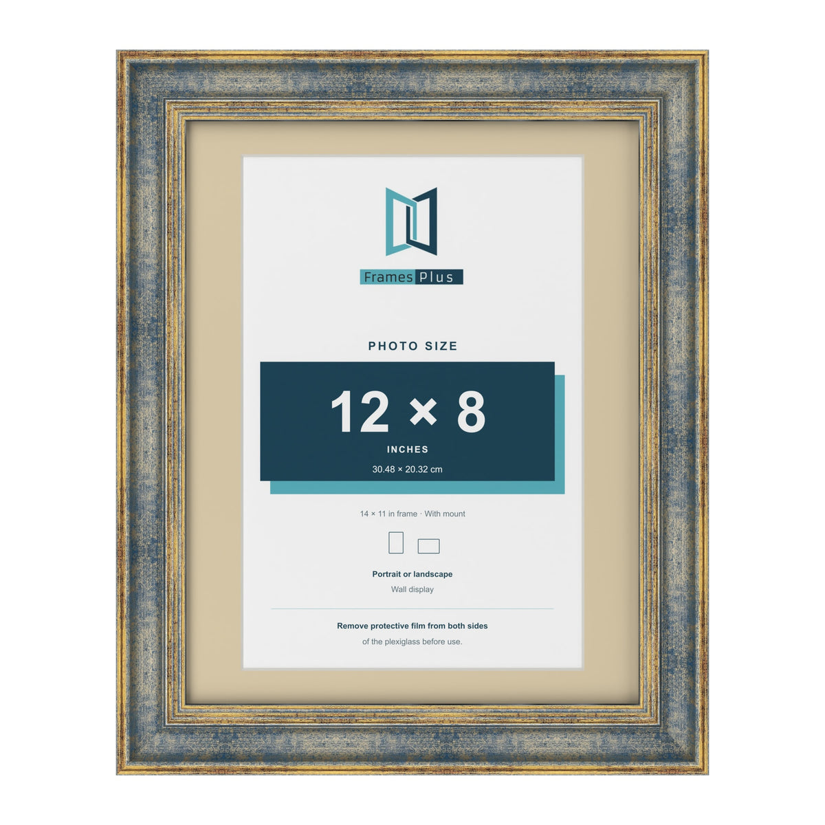Cassis Blue 14 x 11 inch picture frame with an ivory mount for a 12 x 8 inch photo