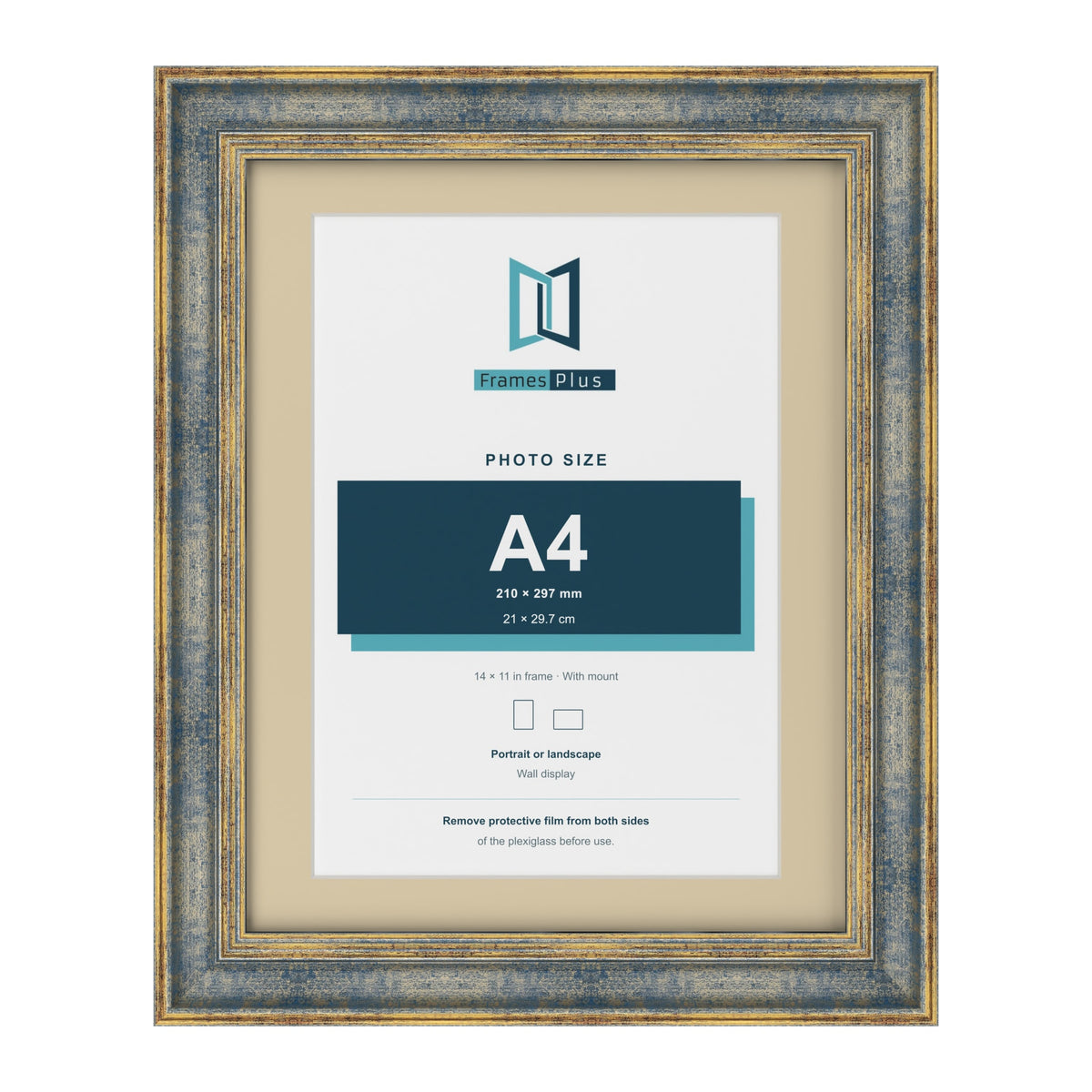 Cassis Blue 14 x 11 inch picture frame with an ivory mount for an A4 photo