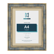 Cassis Blue 14 x 11 inch picture frame with an ivory mount for an A4 photo