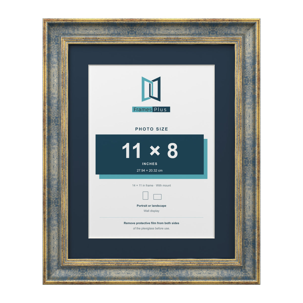 Cassis Blue 14 x 11 inch picture frame with a pacific blue mount for an 11 x 8 inch photo