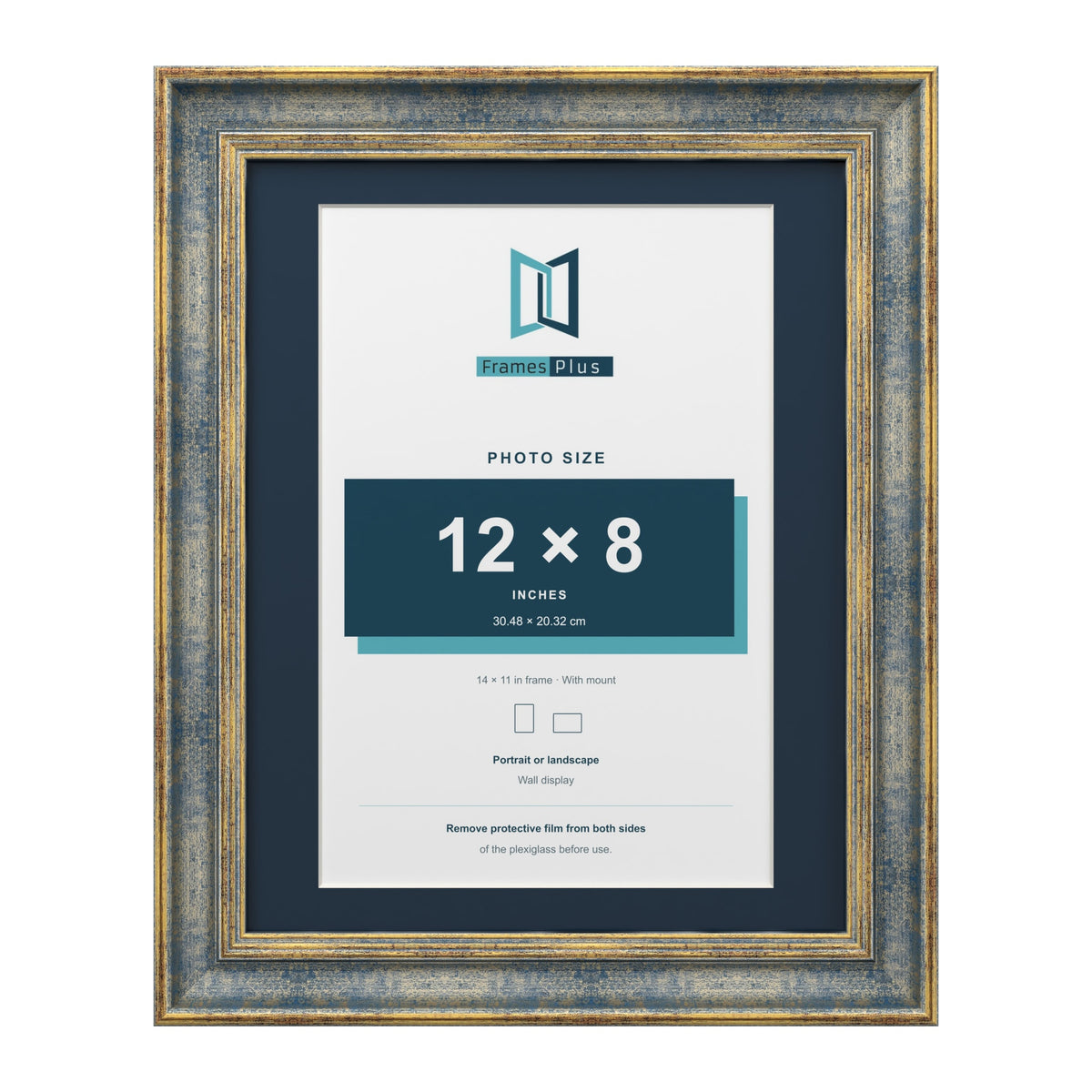 Cassis Blue 14 x 11 inch picture frame with a pacific blue mount for a 12 x 8 inch photo