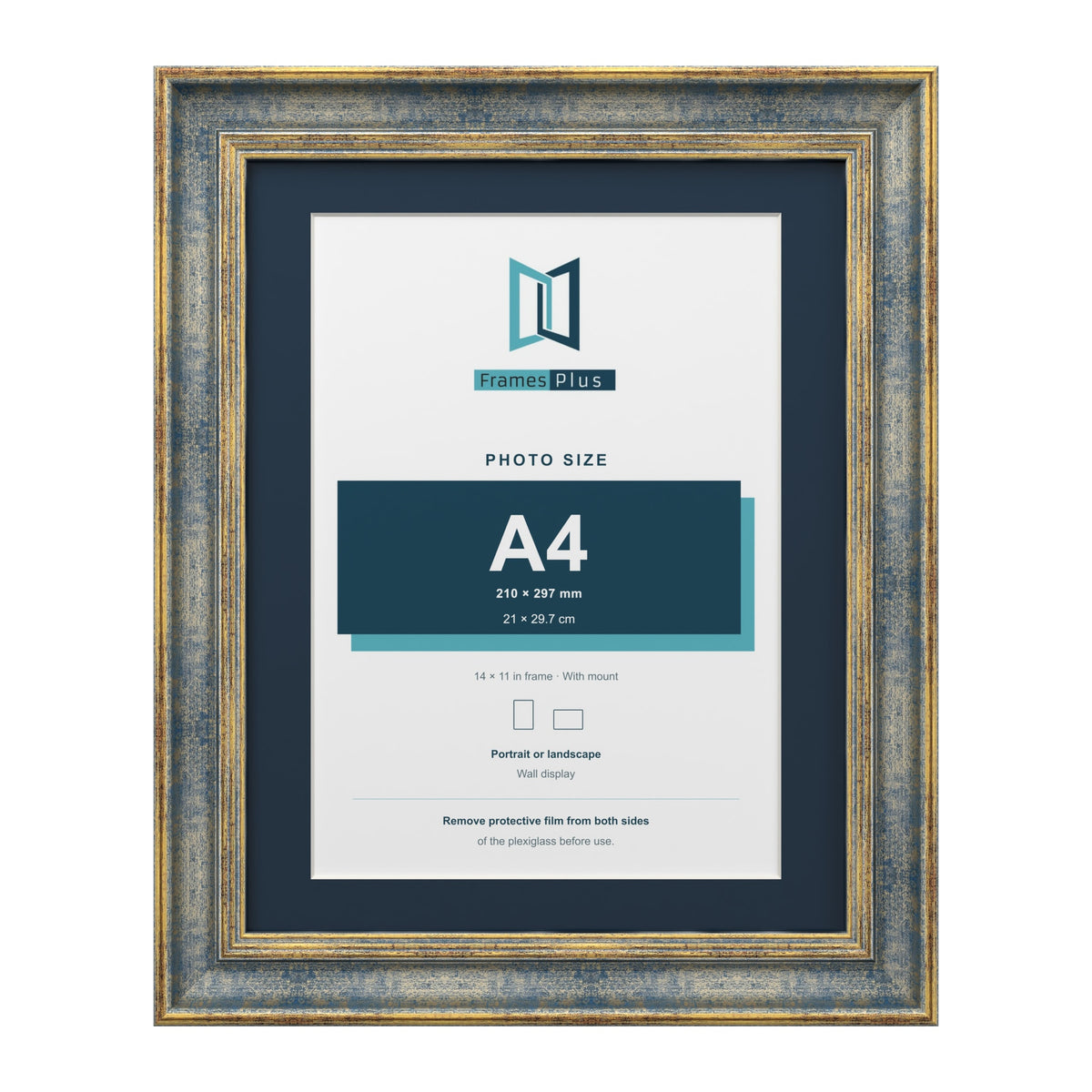 Cassis Blue 14 x 11 inch picture frame with a pacific blue mount for an A4 photo