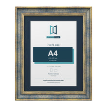 Cassis Blue 14 x 11 inch picture frame with a pacific blue mount for an A4 photo
