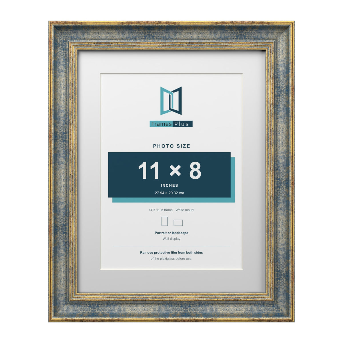Cassis Blue 14 x 11 inch picture frame with a white mount for an 11 x 8 inch photo