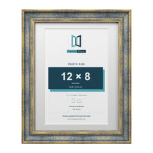 Cassis Blue 14 x 11 inch picture frame with a white mount for a 12 x 8 inch photo