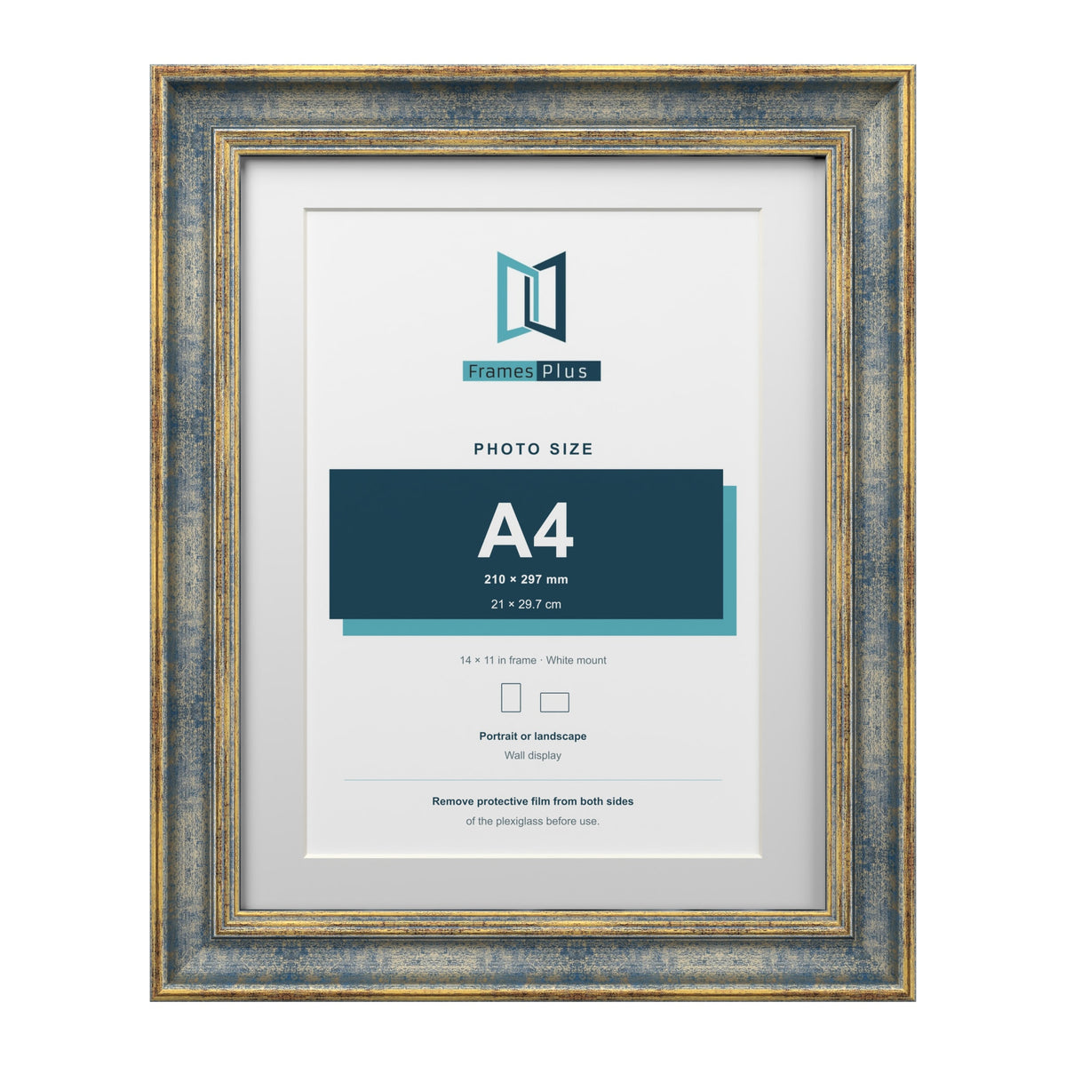 Cassis Blue 14 x 11 inch picture frame with a white mount for an A4 photo