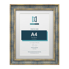 Cassis Blue 14 x 11 inch picture frame with a white mount for an A4 photo