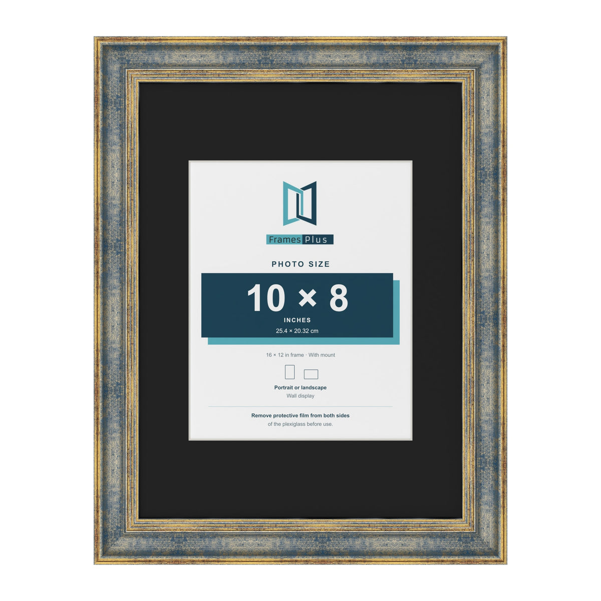 Cassis Blue 16 x 12 inch picture frame with a black mount for a 10 x 8 inch photo