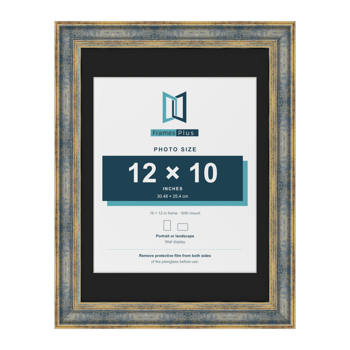 Cassis Blue 16 x 12 inch picture frame with a black mount for a 12 x 10 inch photo