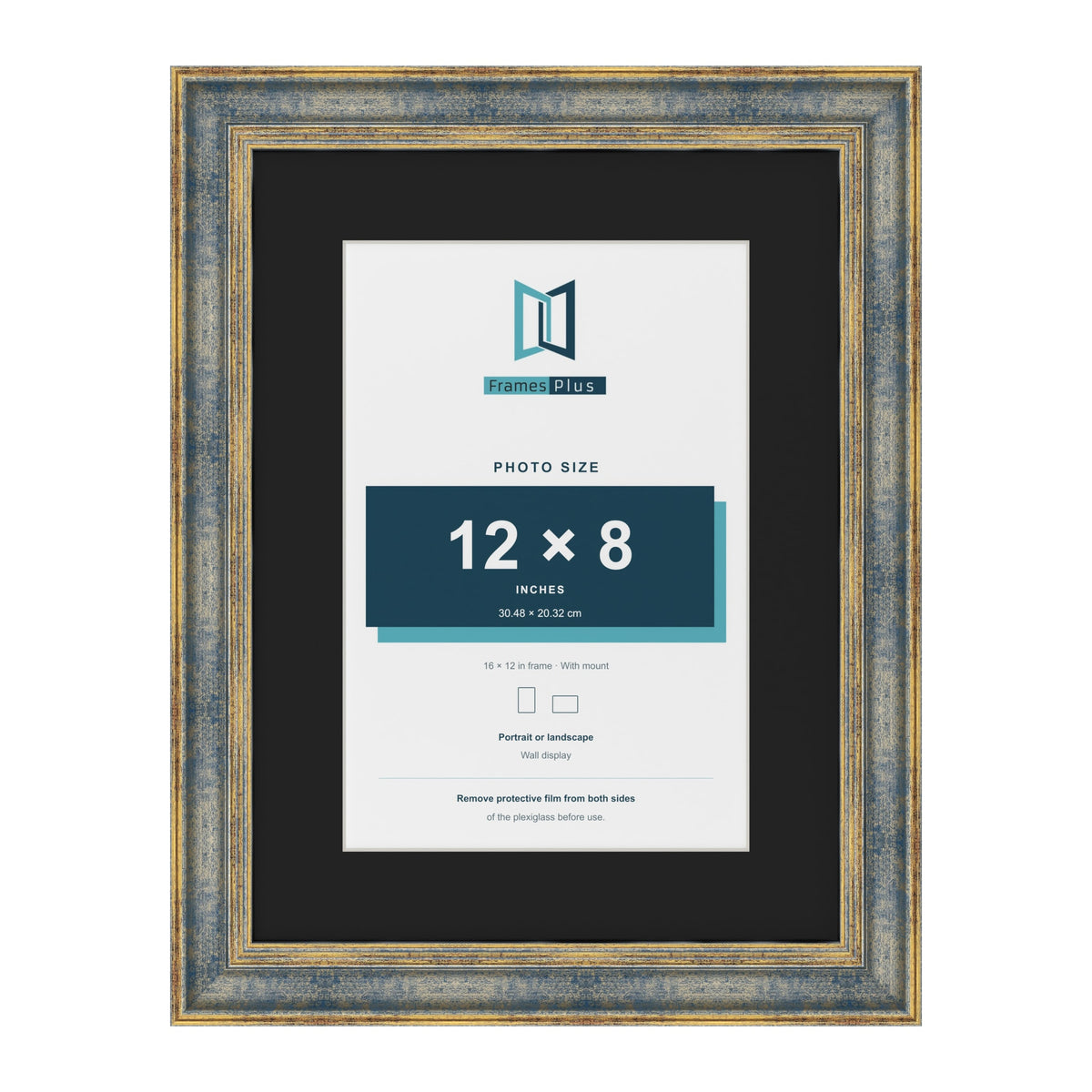 Cassis Blue 16 x 12 inch picture frame with a black mount for a 12 x 8 inch photo