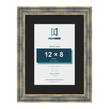 Cassis Blue 16 x 12 inch picture frame with a black mount for a 12 x 8 inch photo