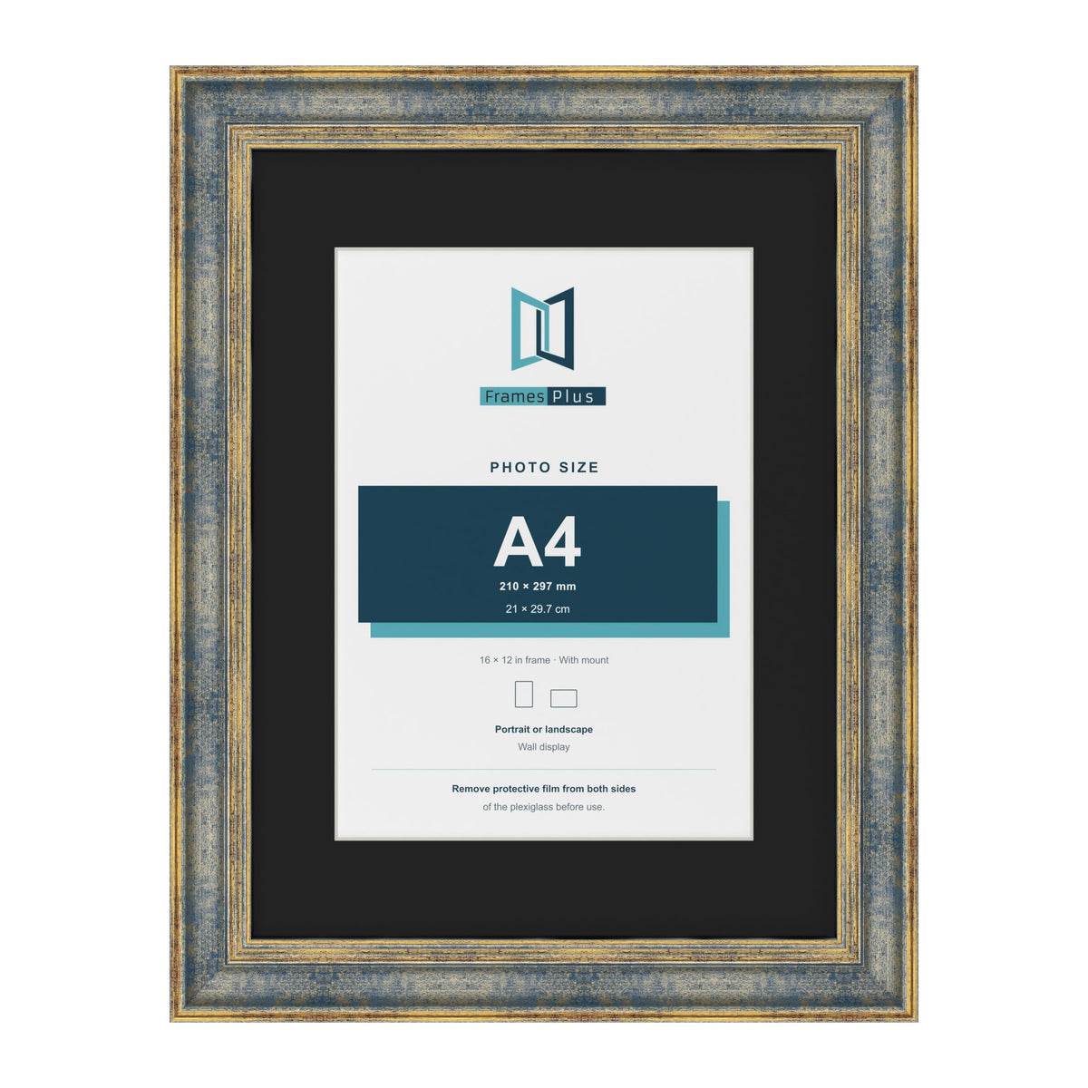 Cassis Blue 16 x 12 inch picture frame with a black mount for an A4 photo